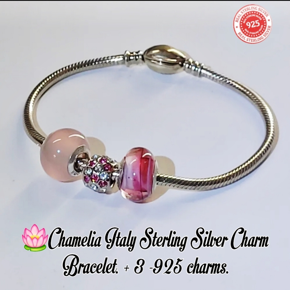 💯% AUTHENTIC CHAMELIA ITALY 925 Sterling Silver CHARM BRACELET W/ 3  CHARMS.
